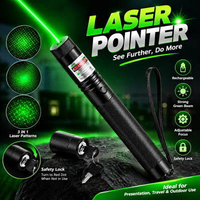 Rechargeable High-Power Green Laser Pointer Light – Long Range Beam with Multi-Pattern Star Cap, Durable Metal Body for Stargazing, Camping & Signaling